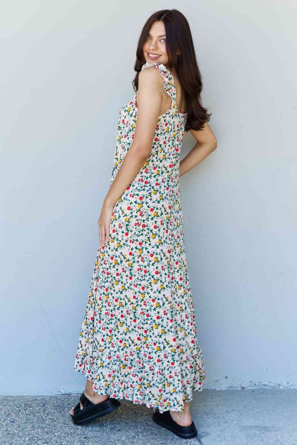 Garden Ruffle Floral Maxi Dress in Natural Rose