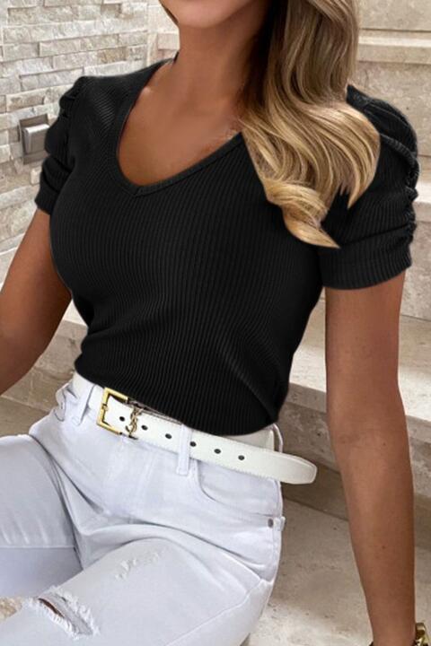 The Harmony Puff Sleeve V-Neck Ribbed Top