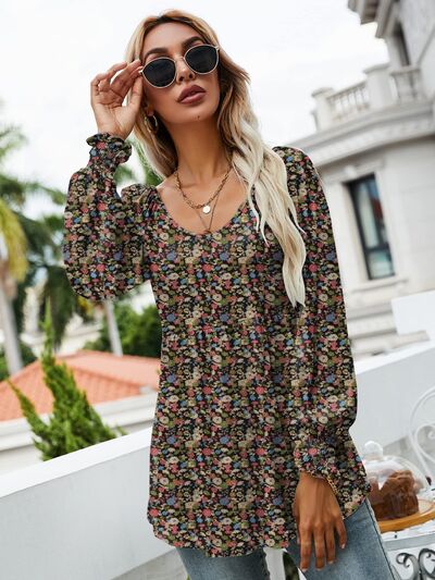 Printed Scoop Neck Lantern Sleeve Blouse