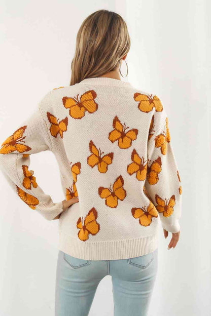 Flutter Butterfly Pattern Round Neck Dropped Shoulder Sweater