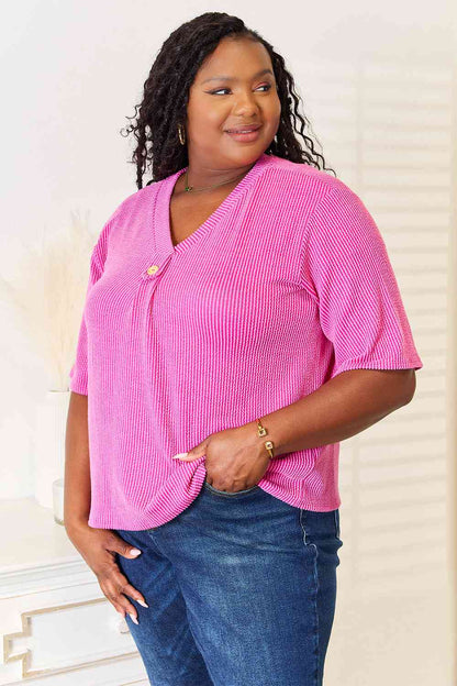 Ribbed V-Neck Short Sleeve Top