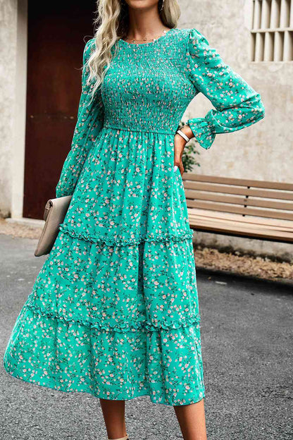 Soaring High Smocked Flounce Sleeve Midi Dress