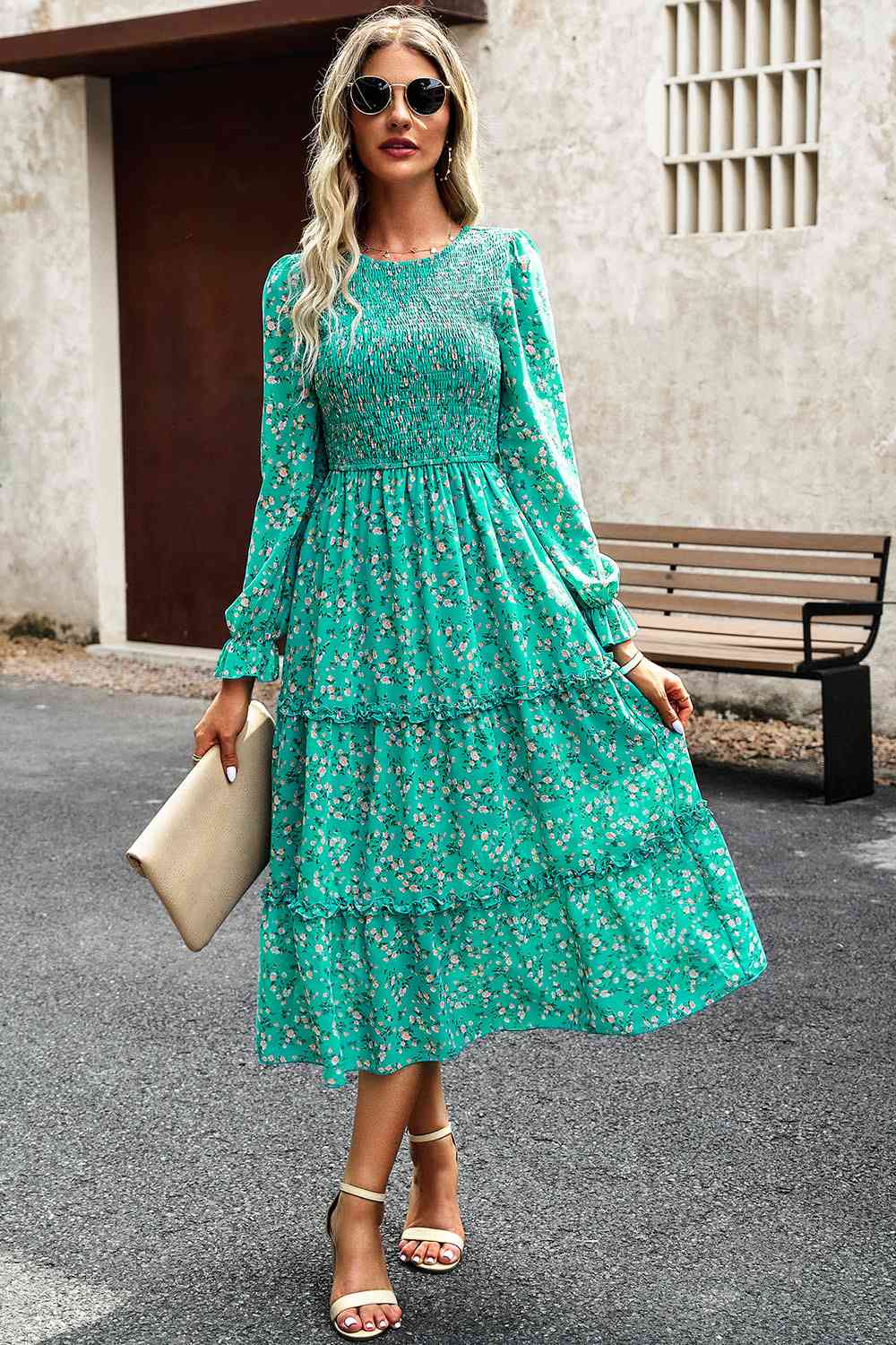 Soaring High Smocked Flounce Sleeve Midi Dress