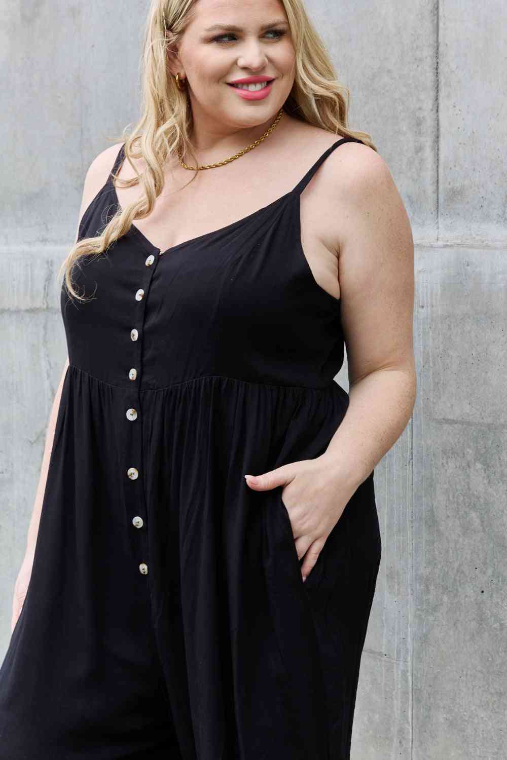 All Day Wide Leg Button Down Jumpsuit in Black