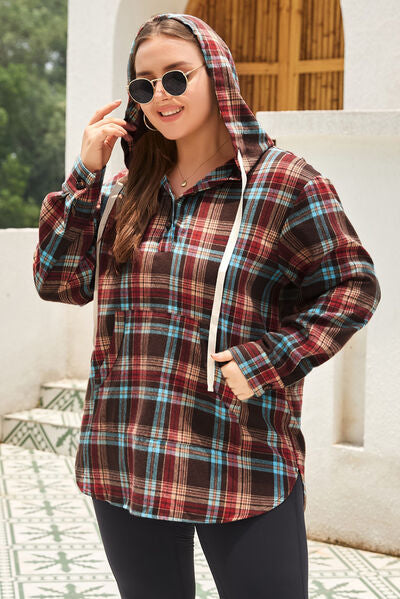 Drawstring Plaid Quarter Button Hoodie