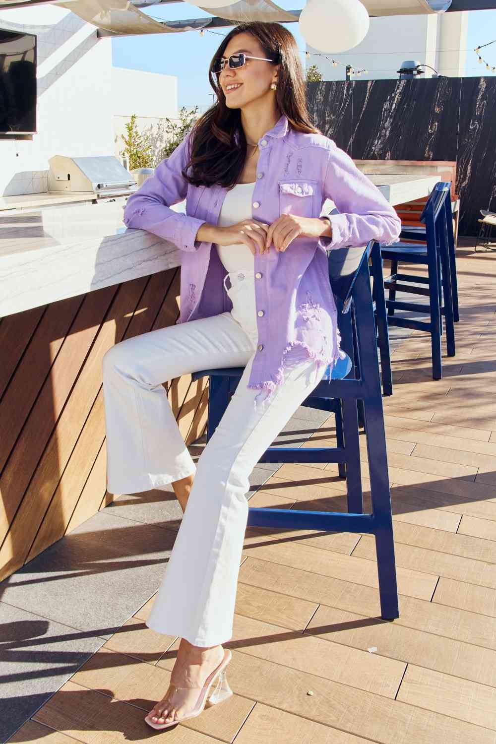 On Or Off Set Distressed Button Down Denim Jacket in Lavender