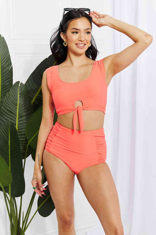 Swim Sanibel Crop Swim Top and Ruched Bottoms Set in Coral