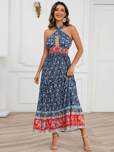 Smocked Printed Halter Neck Dress