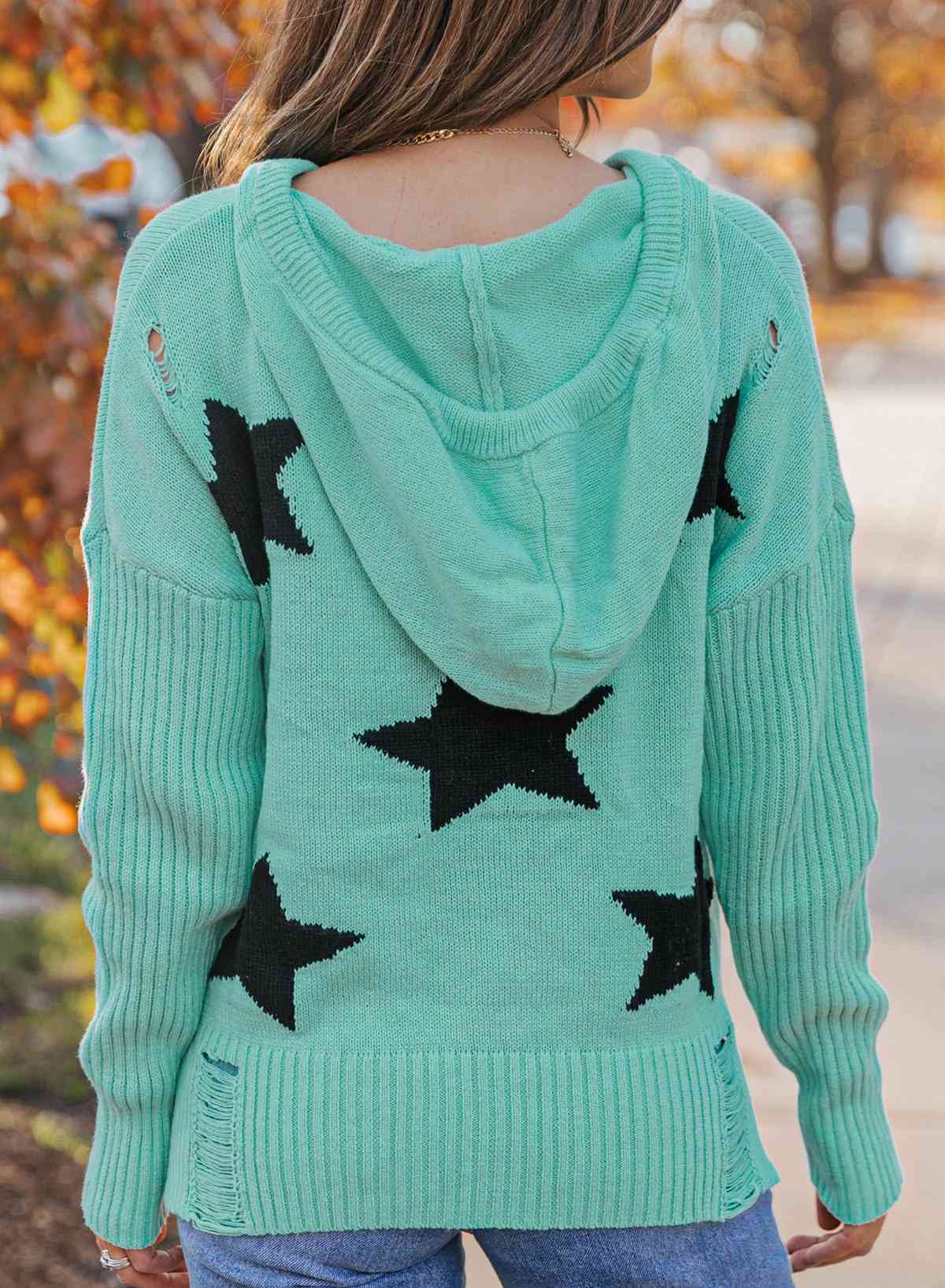 Star Distressed Slit Hooded Sweater