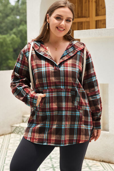 Drawstring Plaid Quarter Button Hoodie